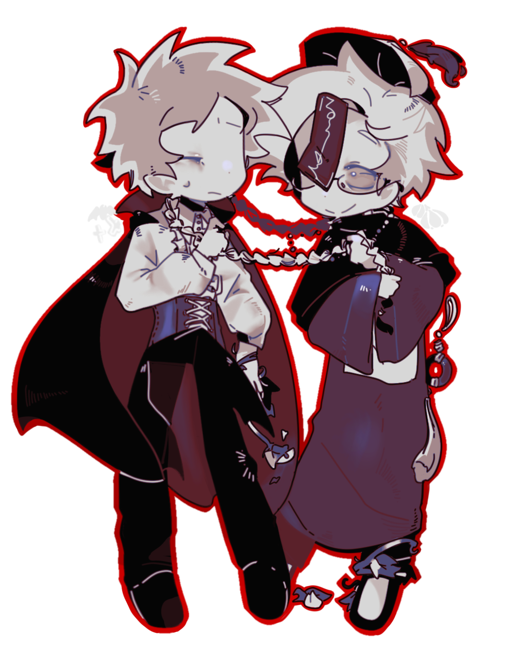 2boys, alternate_costume, atou_haruki, black_cape, black_hat, black_pants, black_shoes, cape