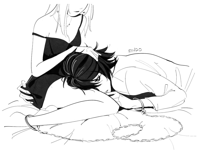 1boy, 1girl, amane_misa, artist_name, bags_under_eyes, barefoot, bed_sheet, black_dress