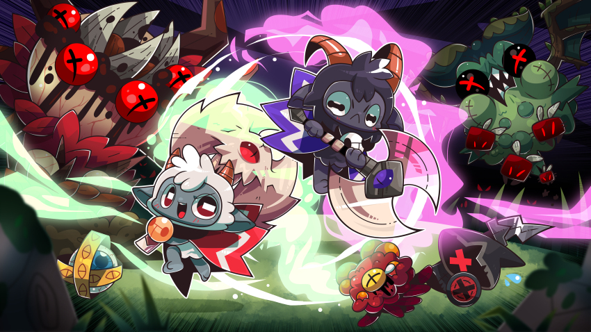 :<, absurdres, axe, chibikemo, cloak, commentary, commission, cult_of_the_lamb