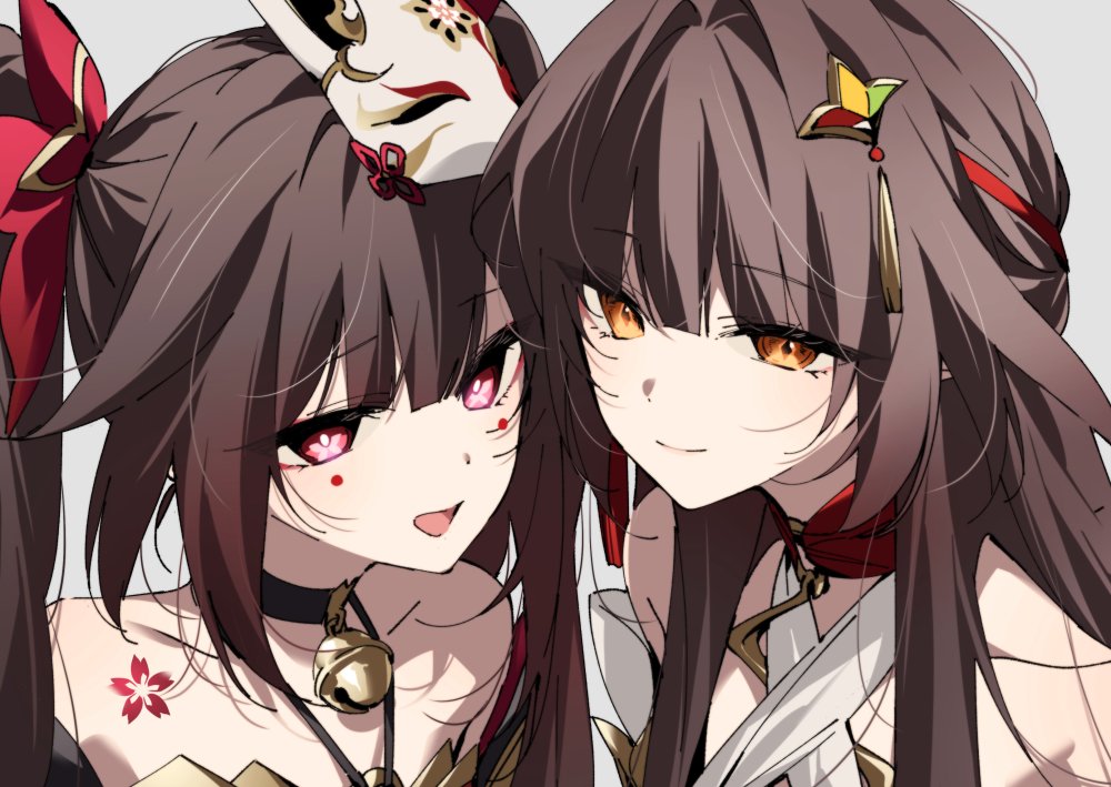2girls, brown_hair, closed_mouth, commentary, dlckrpwjd111, facial_mark, flower-shaped_pupils, flower_tattoo