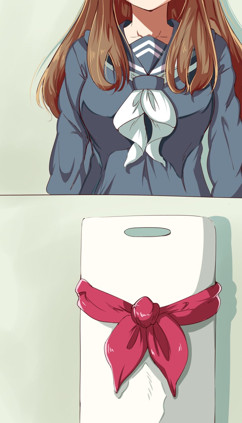 1girl, breast_envy, breast_focus, breasts, brown_hair, comparison, cutting_board, flat_chest, hibike!_euphonium, highres, kanmuri_neko, kuroe_mayu, large_breasts, long_hair, oumae_kumiko, parody