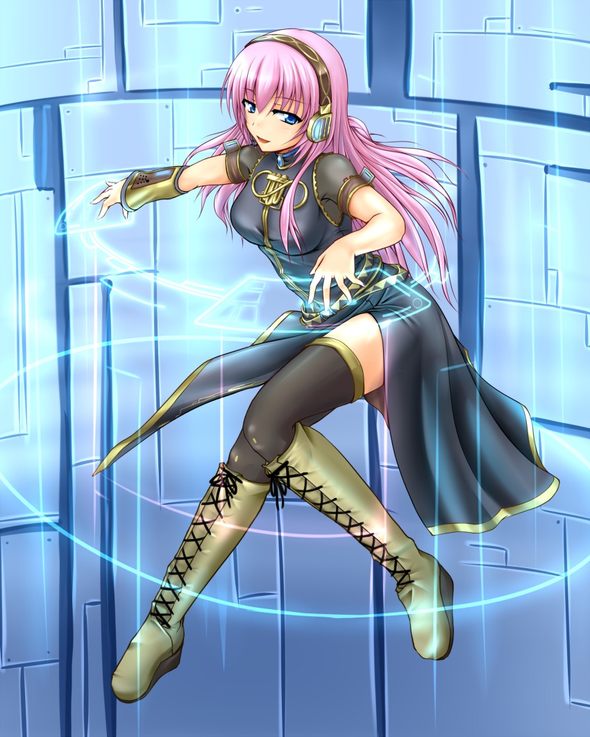 1girl, :d, absurdres, armband, asymmetrical_sleeves, black_shirt, black_skirt, black_thighhighs