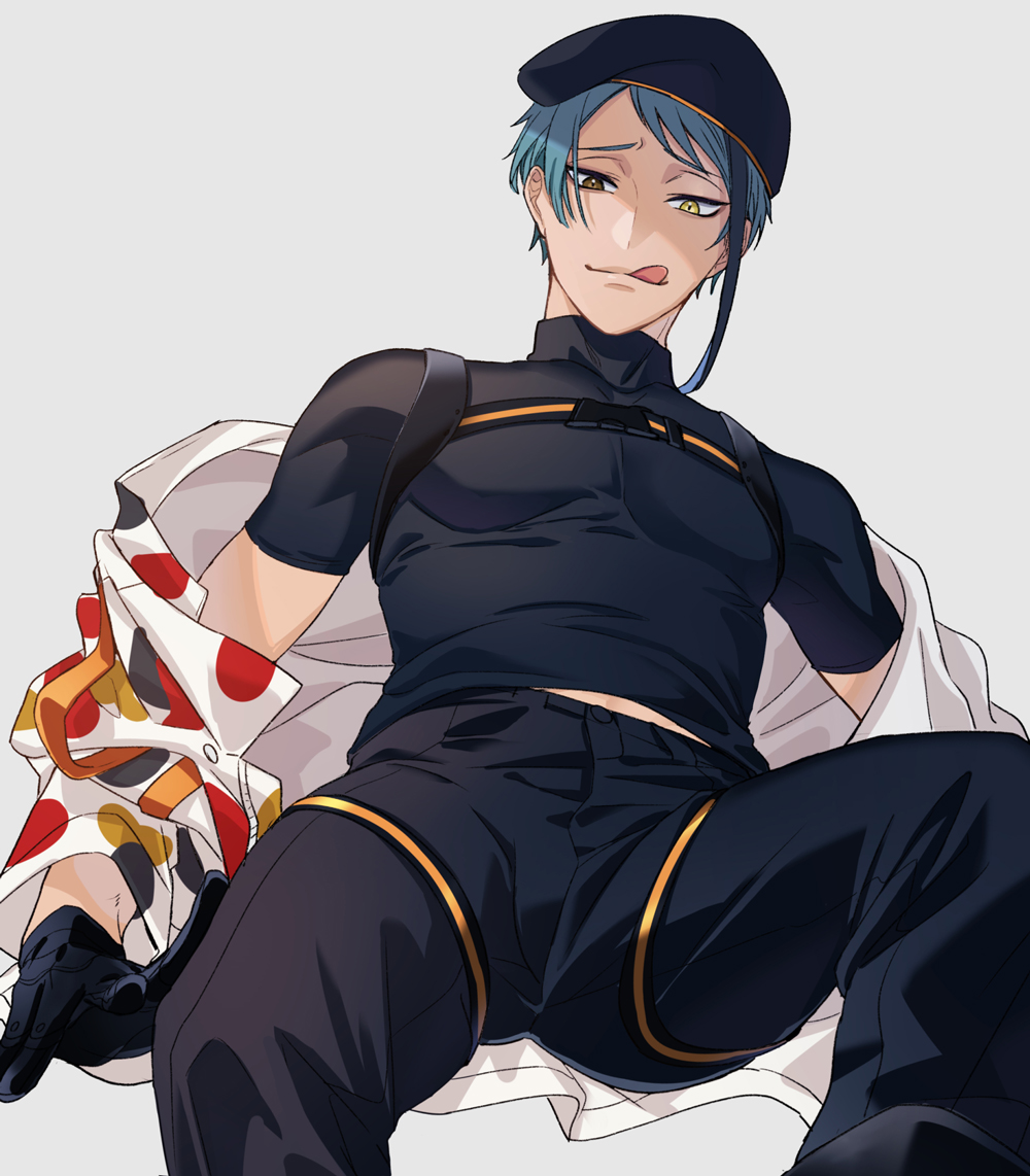1boy, black_shirt, blue_hair, brown_eyes, commentary_request, feet_out_of_frame, gloves, grey_background