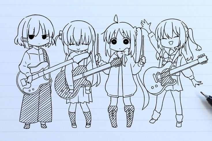 4girls, ahoge, arm_up, art_tools_in_frame, bass_guitar, bocchi_the_rock!, bow, chibi