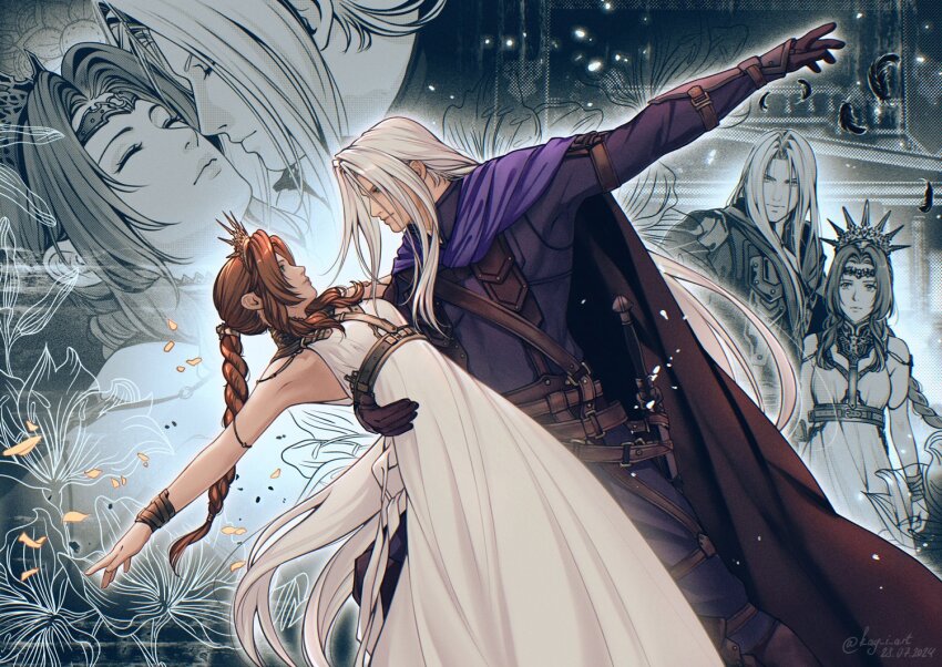 1boy, 1girl, aerith_gainsborough, aerith_gainsborough_(loveless_dress), alternate_costume, arm_around_another's_waist, armor, back_bow