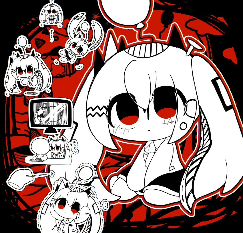 ..., 1girl, agpgwm, akairo_ushiro_(vocaloid), arms_between_legs, arms_up, arrow_(symbol), balloon, bare_arms, bare_legs, bare_shoulders, barefoot, black_border, blood, blood_on_face, blush, border, chibi, chibi_only, closed_mouth, collared_shirt, commentary_request, computer, computer_keyboard, disembodied_hand, expressionless, falling, floating, full_body, hair_between_eyes, hatsune_miku, highres, holding, holding_needle, long_hair, looking_up, miniskirt, multiple_views, nail_(hardware), necktie, needle, outline, outside_border, pepoyo_(style), red_background, red_eyes, shirt, simple_background, sitting, skirt, sparkle, spoken_ellipsis, spot_color, twintails, v_arms, very_long_hair, vocaloid, wariza, white_outline