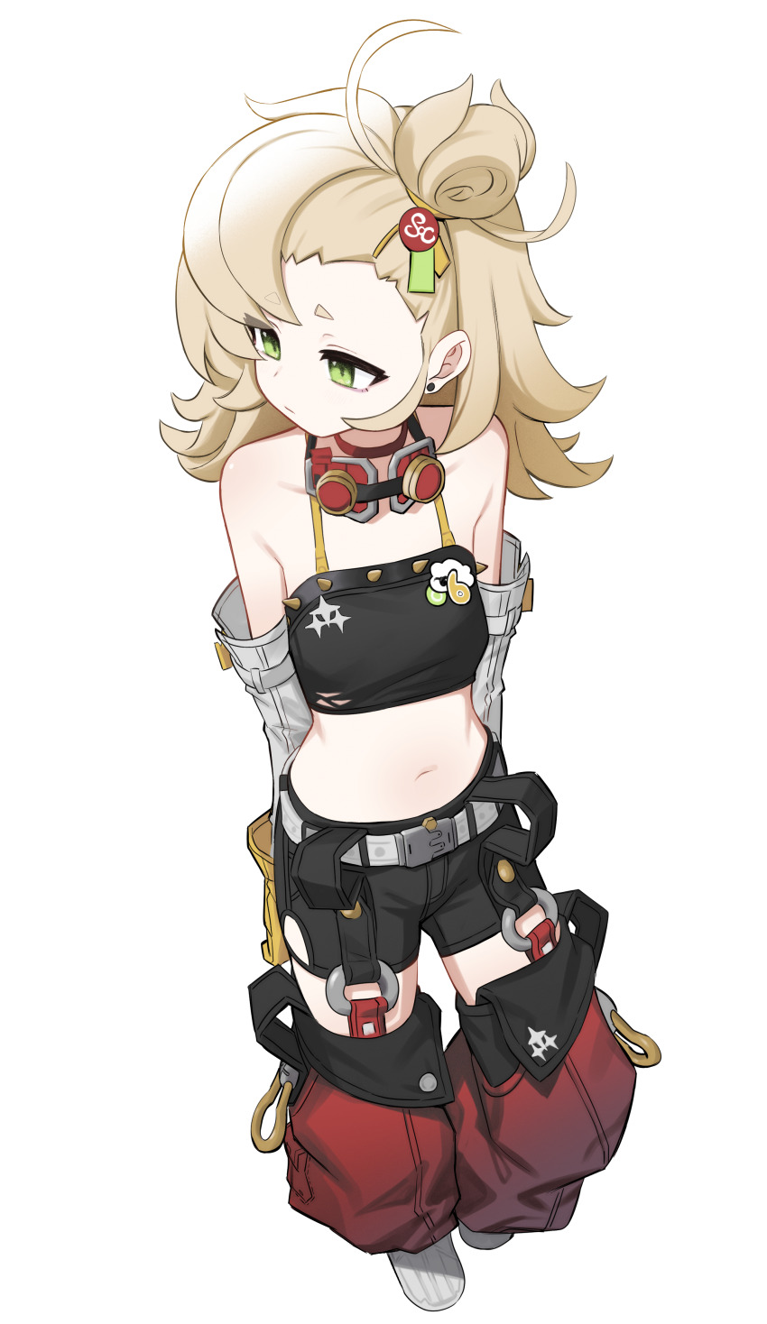 1girl, absurdres, arms_behind_back, aruruaaaa, bad_id, bad_pixiv_id, bare_shoulders, belt