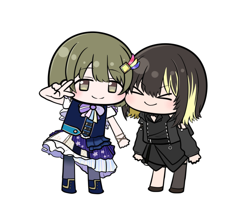 >_<, 2girls, asymmetrical_clothes, black_dress, black_hair, blonde_hair, blush, bob_cut