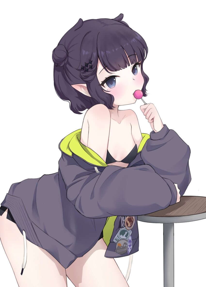 1girl, alternate_hairstyle, bare_shoulders, black_bra, blue_eyes, blunt_bangs, bra, breasts