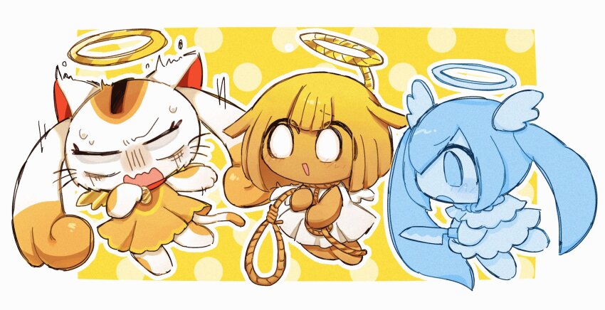 3girls, agpgwm, angel, angel_wings, annoyed, bare_arms, barefoot, blank_eyes, blue_eyes, blue_hair, blue_halo, blue_skin, blunt_ends, blush, border, borrowed_character, cat_girl, cat_tail, center-flap_bangs, chibi, chibi_only, colored_skin, dress, flying, full_body, furrowed_brow, golden_wings, haikei_(vocaloid), hair_between_eyes, hair_ornament, halo, hashtag-only_commentary, hatsune_miku, highres, holding, holding_knife, holding_rope, knife, long_hair, looking_at_another, multiple_girls, no_pupils, noose, open_mouth, orange_dress, orange_skin, original, outline, outside_border, pepoyo_(style), profile, rakuraku_anrakushi_(vocaloid), rope, rope_halo, short_hair, short_sleeves, simple_background, single_eyebrow, sleeveless, sleeveless_dress, smile, sweat, tail, turiel, twintails, very_long_hair, vocaloid, wavy_mouth, white_border, white_dress, white_eyes, white_outline, white_skin, white_wings, wing_hair_ornament, wings, yellow_background, yellow_halo