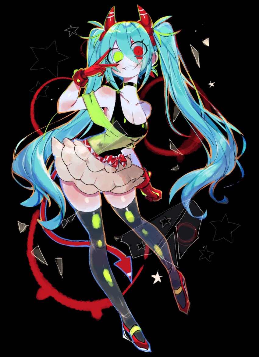 1girl, :d, aqua_eyes, aqua_hair, belt, black_background, black_tank_top, commentary, de:monstar_(module), english_commentary, gloves, green_gloves, green_shirt, hatsune_miku, hatsune_miku_(de:monstar), highres, mixed-language_commentary, multicolored_background, official_alternate_costume, open_mouth, project_diva_(series), project_diva_x, red_belt, red_ribbon, ribbon, satisfaction_(kz)_(vocaloid), shirt, signature, skirt, smile, solo, star_(symbol), striped_background, tank_top, twintails, usa37107692, v, vocaloid, white_skirt