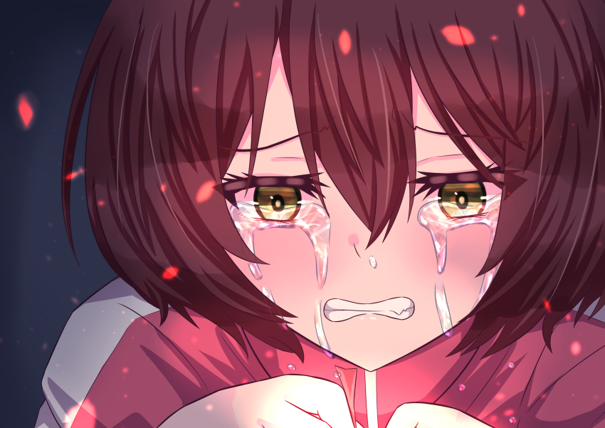 1girl, absurdres, clenched_teeth, crying, crying_with_eyes_open, derivative_work, hair_between_eyes, hands_up