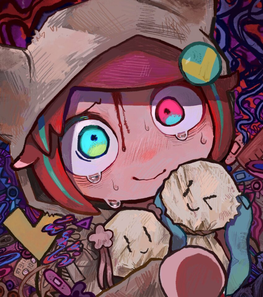 1girl, abstract_background, aqua_eyes, aqua_hair, bandaid, blood, blood_from_forehead, brown_hoodie