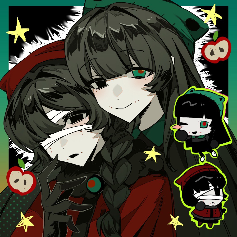 2girls, bandage_over_one_eye, black_dress, black_eyes, black_gloves, black_hair, blunt_bangs, blush_stickers