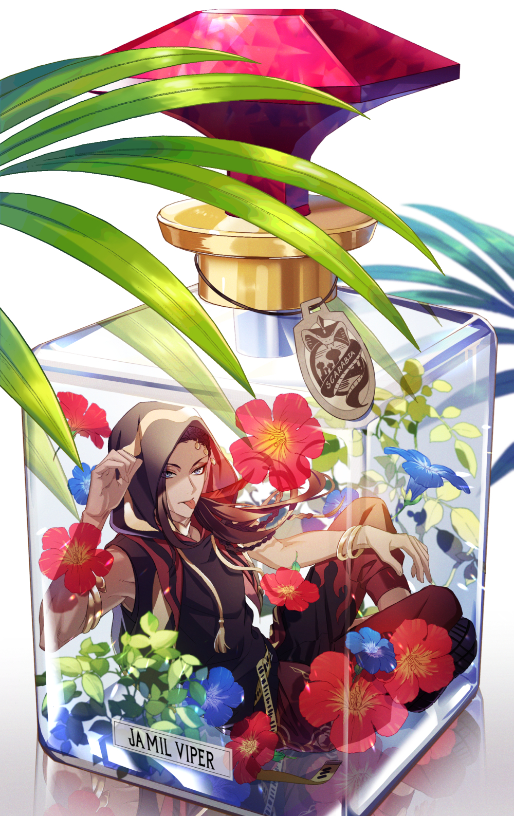 1boy, armlet, bangle, blue_eyes, bottle, bracelet, brown_hair, commentary_request