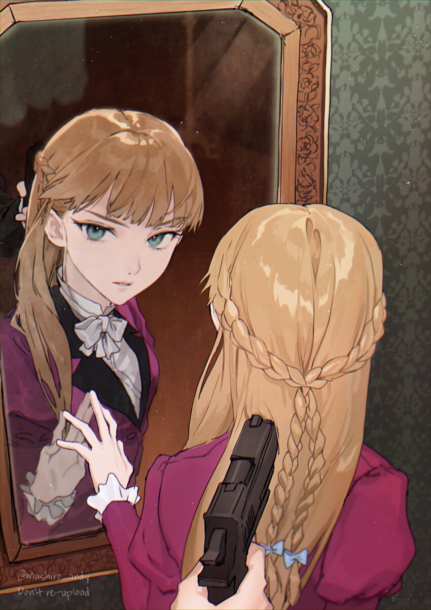 1girl, 1other, absurdres, aiming, blonde_hair, blunt_bangs, bow, bowtie