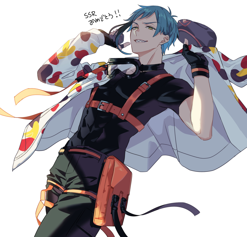 1boy, black_gloves, black_shirt, blue_hair, chest_harness, cowboy_shot, fingerless_gloves, floyd_leech