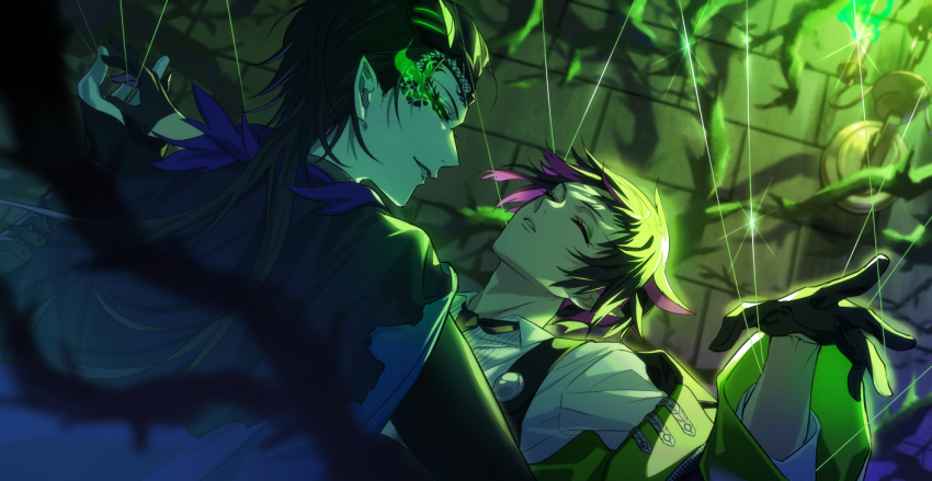 2boys, black_gloves, candle, cape, closed_eyes, colored_inner_hair, commentary_request, dragon_boy