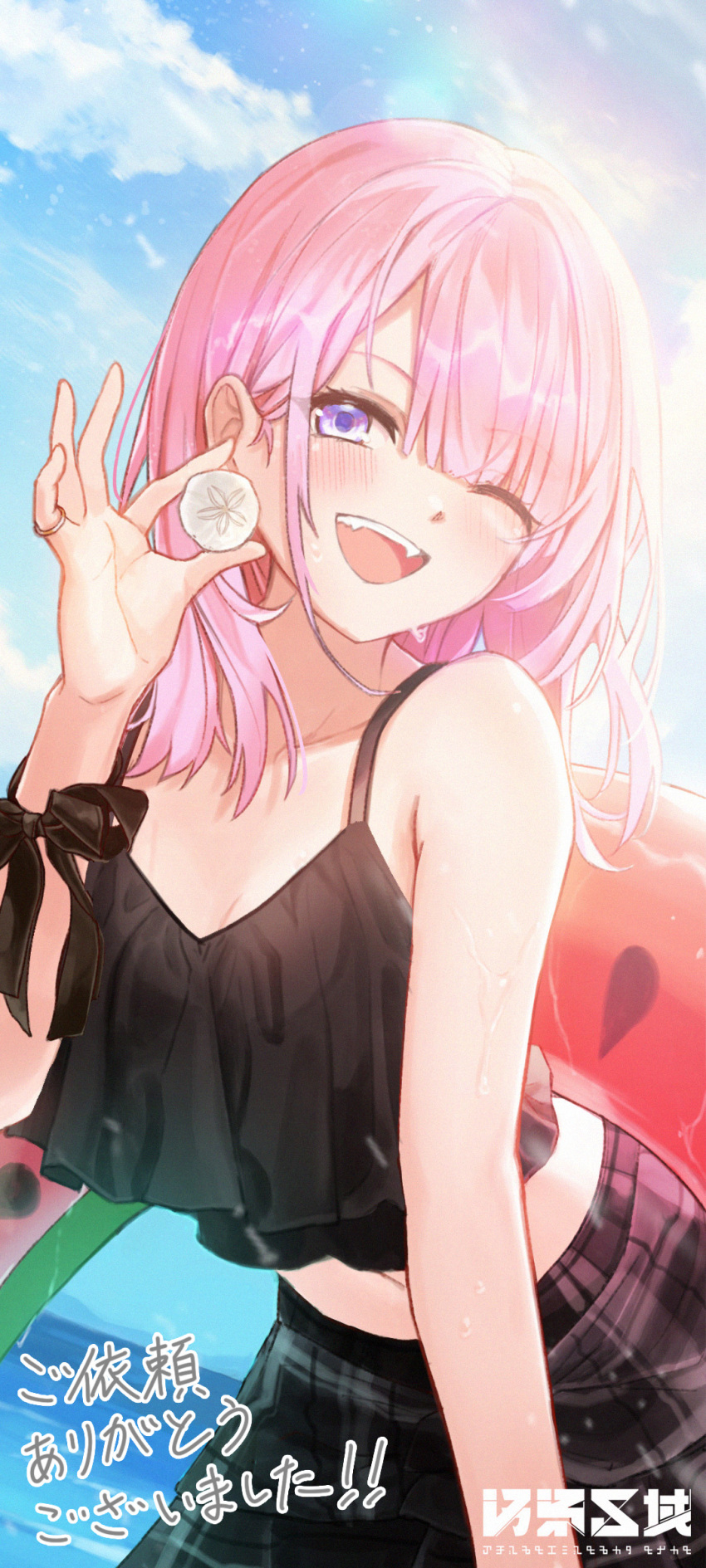 1girl, absurdres, bare_shoulders, black_ribbon, black_shirt, black_skirt, blue_sky, blush