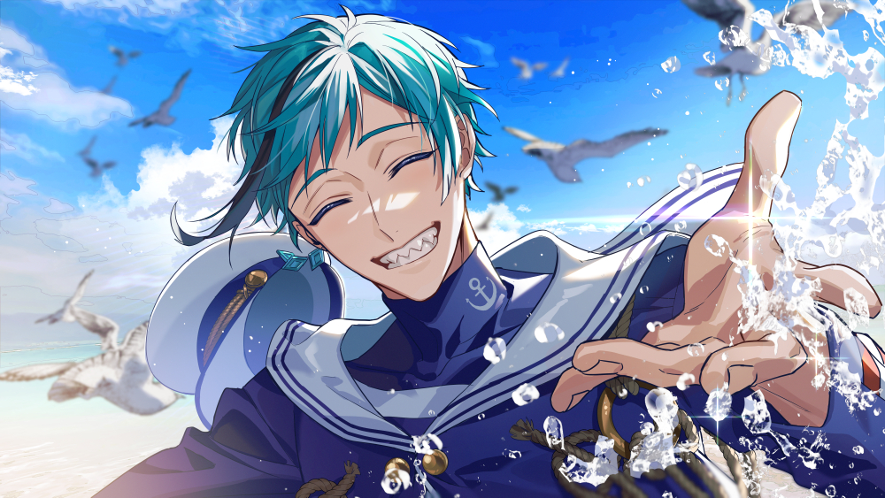 1boy, beach, bird, blue_hair, closed_eyes, commentary_request, facing_viewer, floyd_leech