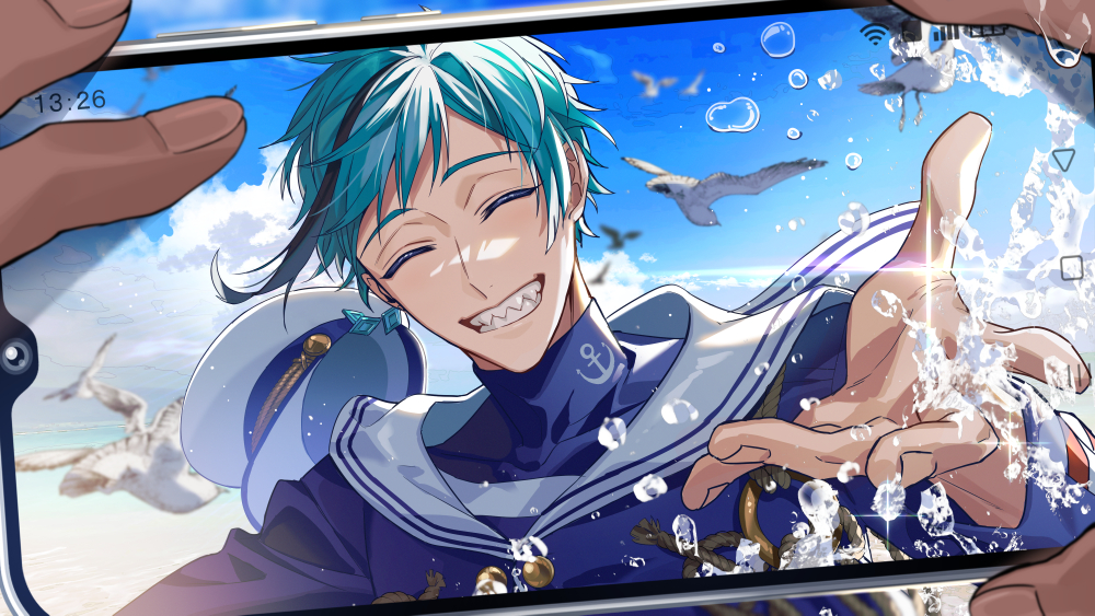 1boy, beach, bird, blue_hair, cellphone, closed_eyes, commentary_request, facing_viewer