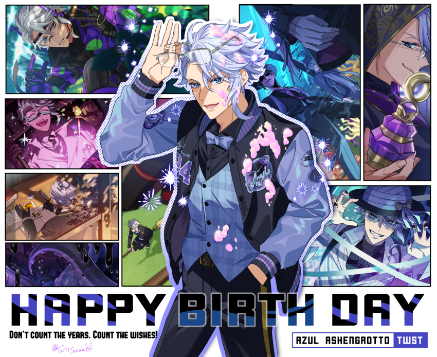3boys, azul_ashengrotto, azul_ashengrotto_(beans_camo), azul_ashengrotto_(halloween), blue_eyes, blue_vest, cowboy_shot, english_text, floyd_leech, glasses, hand_in_pocket, happy_birthday, highres, jacket, jade_leech, letterman_jacket, looking_at_viewer, male_focus, multiple_boys, multiple_views, purple_hair, short_hair, siiisuuu, twisted_wonderland, vest