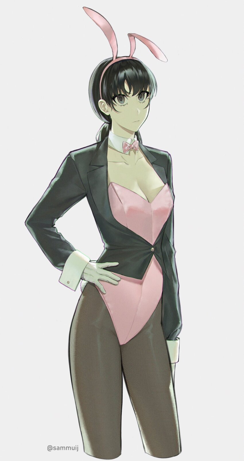 1girl, animal_ears, bow, bowtie, chainsaw_man, covered_navel, cropped_legs, detached_collar