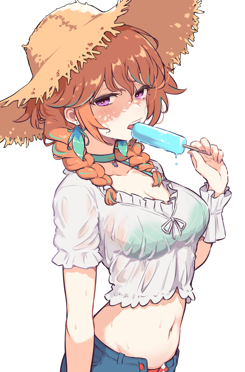 1girl, absurdres, bikini, bikini_under_clothes, braid, choker, earrings, eternaltanbo