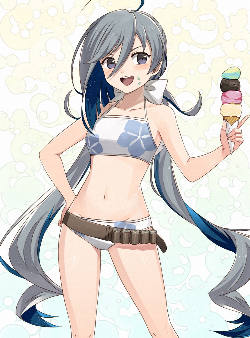 ahoge, ammunition_belt, belt, bikini, blue_bikini, brown_belt, cowboy_shot, depth_charge