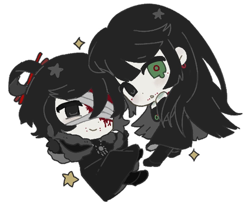 2girls, bandage_over_one_eye, black_capelet, black_dress, black_eyes, black_gloves, black_hair, blood, blood_on_face, capelet, chibi, chibi_only, chinese_commentary, closed_mouth, colored_skin, commentary_request, dress, facial_mark, fur-trimmed_capelet, fur_trim, gloves, green_eyes, hair_ornament, hair_rings, hair_stick, heterochromia, highres, long_hair, long_sleeves, mark_under_both_eyes, medium_hair, mobi_wusi, multiple_girls, naihe_(female)_(touqi_guaitan), open_mouth, siblings, simple_background, single_hair_ring, sisters, smile, teardrop, touqi_guaitan, twins, white_background, white_skin, wu_song_(female)_(touqi_guaitan)