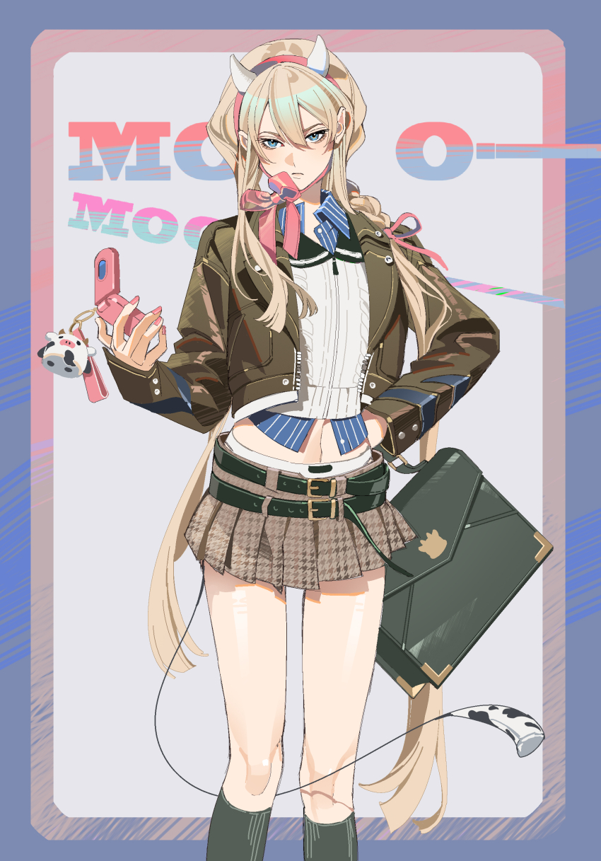 1girl, absurdres, animal_ears, bag, black_socks, blonde_hair, braid, brown_shirt