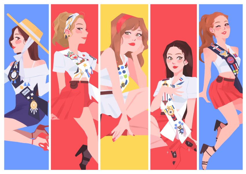 5girls, absurdres, blue_background, blue_skirt, brown_hair, commentary, hairband, hat, high_heels, highres, irene_(red_velvet), joy_(red_velvet), k-pop, long_hair, looking_at_viewer, looking_to_the_side, multiple_girls, one_eye_closed, profile, real_life, red_background, red_hairband, red_lips, red_skirt, red_velvet_(group), seulgi_(red_velvet), shirt, skirt, sleeveless, sleeveless_shirt, smile, verociraptorr, wendy_(red_velvet), white_shirt, yellow_background, yeri_(red_velvet)