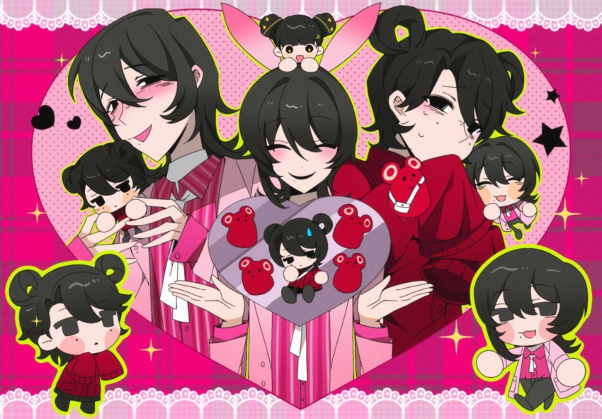 1boy, 2girls, :3, black_eyes, black_hair, blush, chibi, chinese_commentary