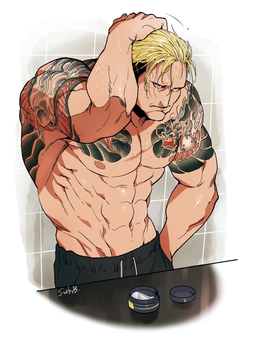 1boy, abs, arm_up, back_tattoo, bara, biceps, black_pants, blonde_hair