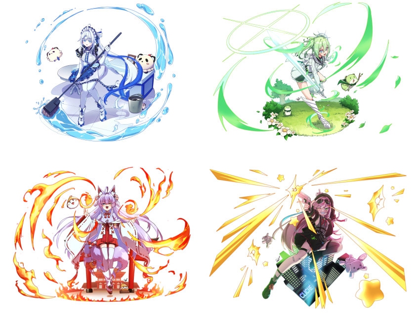 4girls, :3, :d, absurdly_long_hair, ahoge, animal_ear_fluff, animal_ears, aokumo_rin