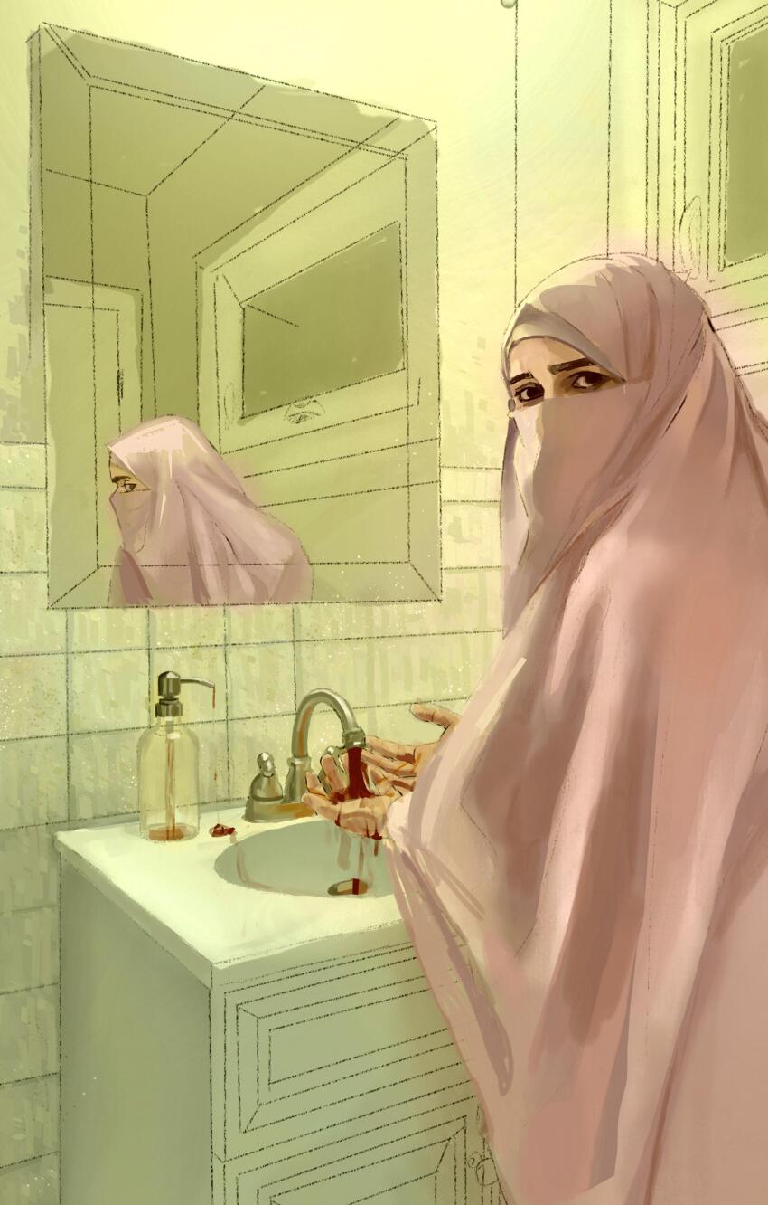 1girl, absurdres, bathroom, blood, blood_on_hands, brown_eyes, burqa, commentary