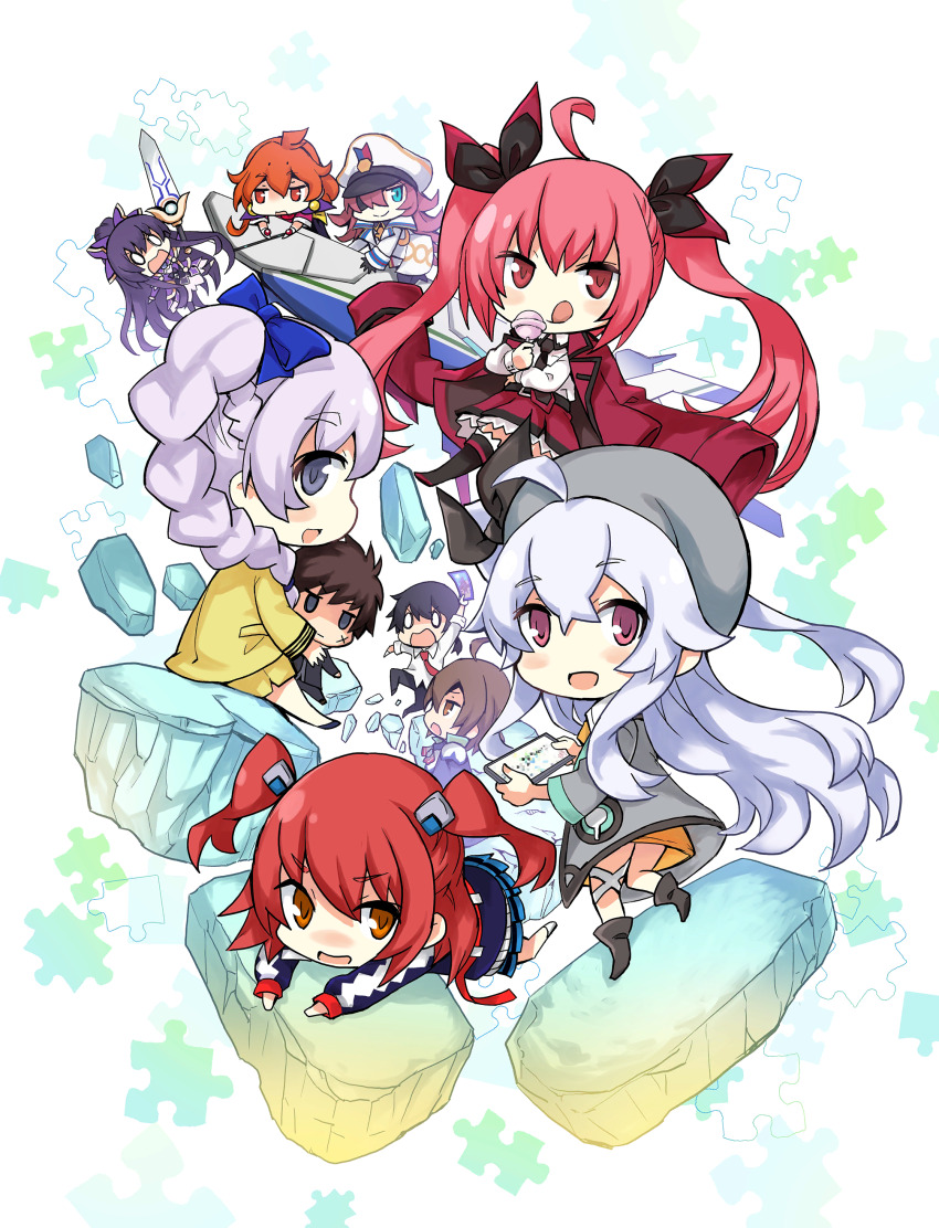 3boys, 6+girls, absurdres, ahoge, arm_up, armor, armored_dress, bow, candy, character_request, chibi, cross_scar, crossover, date_a_live, debris, dress, ende_(fantasia_re:build), fantasia_re:build, floating, food, full_metal_panic!, glenn_radars, hair_between_eyes, hair_ribbon, hat, highres, holding, holding_sword, holding_weapon, itsuka_kotori, jigsaw_puzzle, lina_inverse, lollipop, long_hair, looking_at_viewer, multiple_boys, multiple_girls, necktie, official_art, open_mouth, orange_hair, pants, peaked_cap, purple_eyes, purple_hair, puzzle, red_eyes, red_hair, ribbon, rokudenashi_majutsu_koushi_to_akashic_record, sagara_sousuke, scar, scar_on_face, shirt, skirt, slayers, smile, sword, teletha_testarossa, third-party_source, tongue, tongue_out, twintails, weapon, white_hair, yatogami_tohka