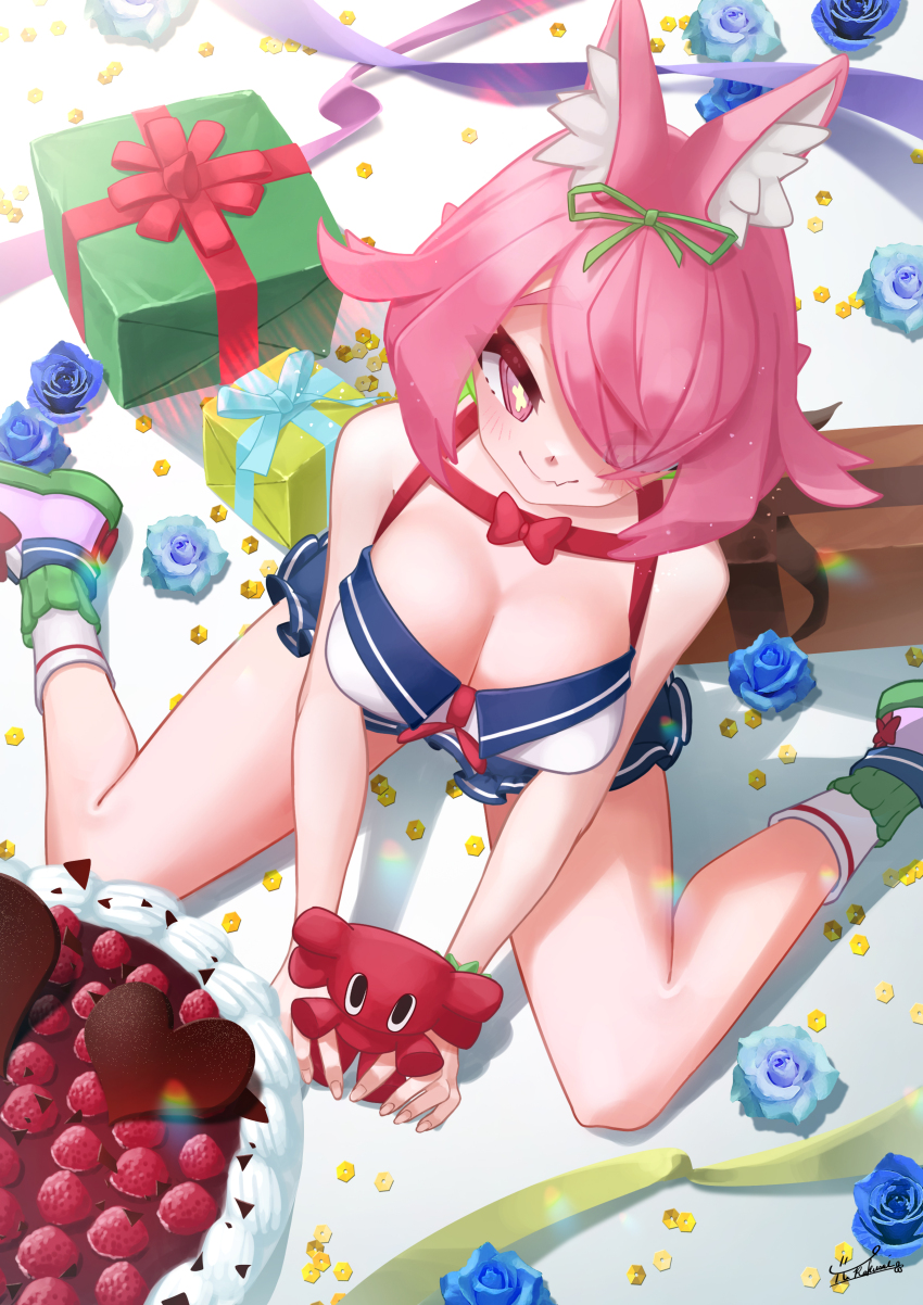 +_+, 1girl, absurdres, animal_ears, azuchi_momo, azuchi_momo_(1st_costume), birthday, blue_flower