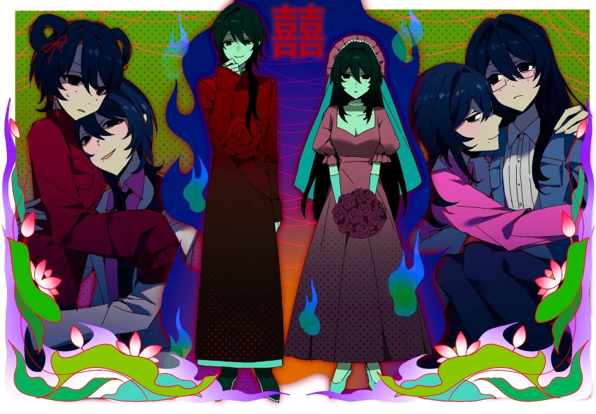 1boy, 1girl, black_eyes, black_hair, black_necktie, black_shoes, blue_jacket, blue_pants