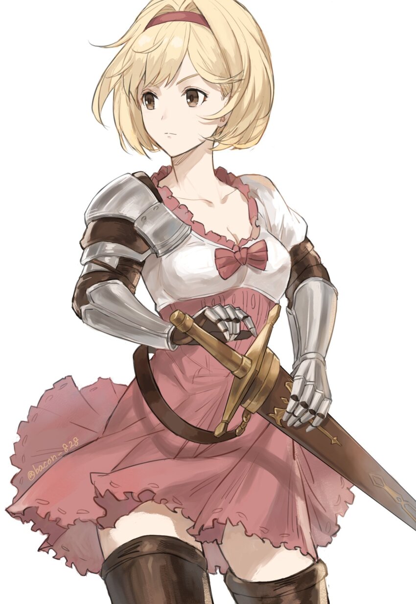 1girl, armor, bacon_828, blonde_hair, bow, bowtie, breasts, brown_eyes, cleavage, closed_mouth, collarbone, commentary_request, djeeta_(granblue_fantasy), gauntlets, granblue_fantasy, hairband, hand_to_weapon, highres, holding, holding_sword, holding_weapon, looking_ahead, pauldrons, red_bow, red_bowtie, red_hairband, red_skirt, sheath, sheathed, shoulder_armor, simple_background, single_pauldron, skirt, solo, sword, thighhighs, weapon, white_background, zettai_ryouiki