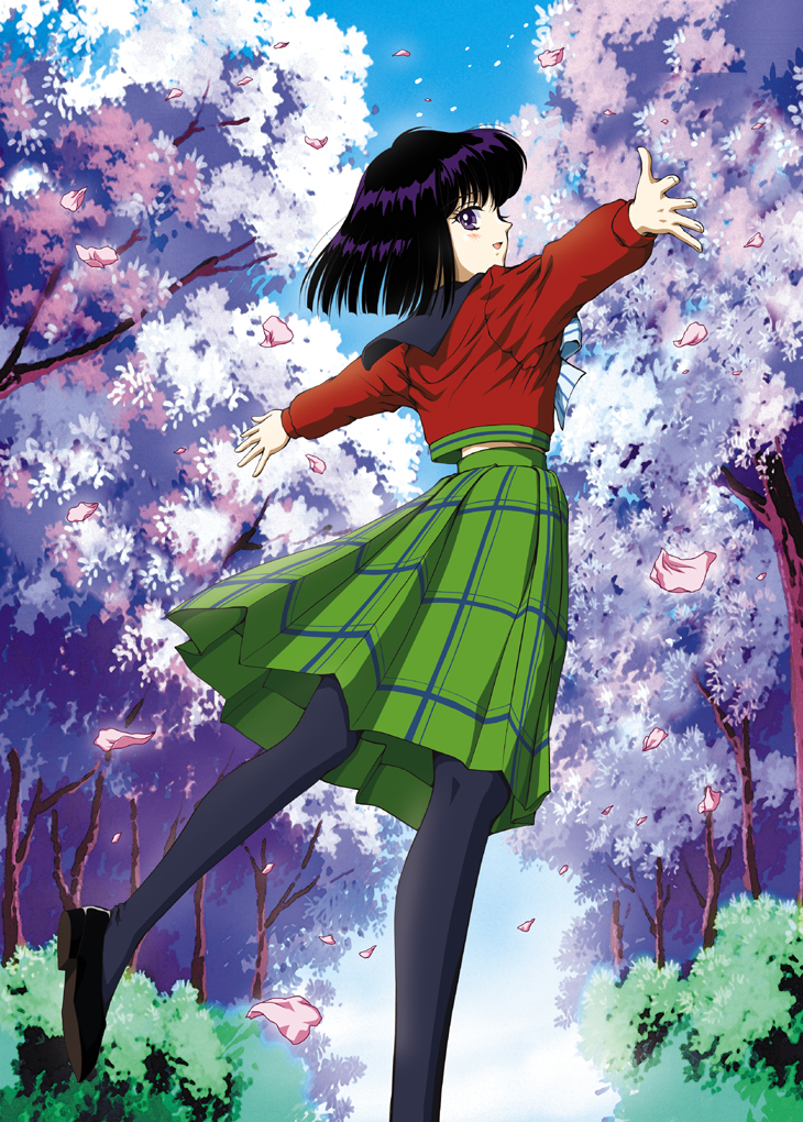 1990s_(style), 1girl, bishoujo_senshi_sailor_moon, bishoujo_senshi_sailor_moon_s, black_hair, black_pantyhose, black_shoes, bob_cut, cherry_blossoms, child, dancing, day, eye_contact, female_focus, from_behind, full_body, green_skirt, happy, hino_ryutaro, looking_at_another, looking_back, mugen_gakuen_school_uniform, outdoors, outstretched_arms, pantyhose, petals, plaid_clothes, plaid_skirt, purple_eyes, retro_artstyle, school_uniform, serafuku, shoes, short_hair, skirt, smile, solo, spinning, spread_arms, tomoe_hotaru, tree