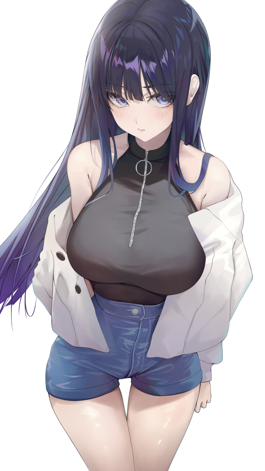 1girl, absurdres, bare_shoulders, black_shirt, blue_archive, blue_eyes, blue_hair, blue_shorts