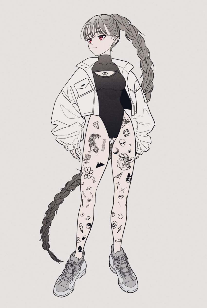 1girl, acubi_tomaranai, alien, barbell_piercing, black_leotard, braid, braided_ponytail, breasts