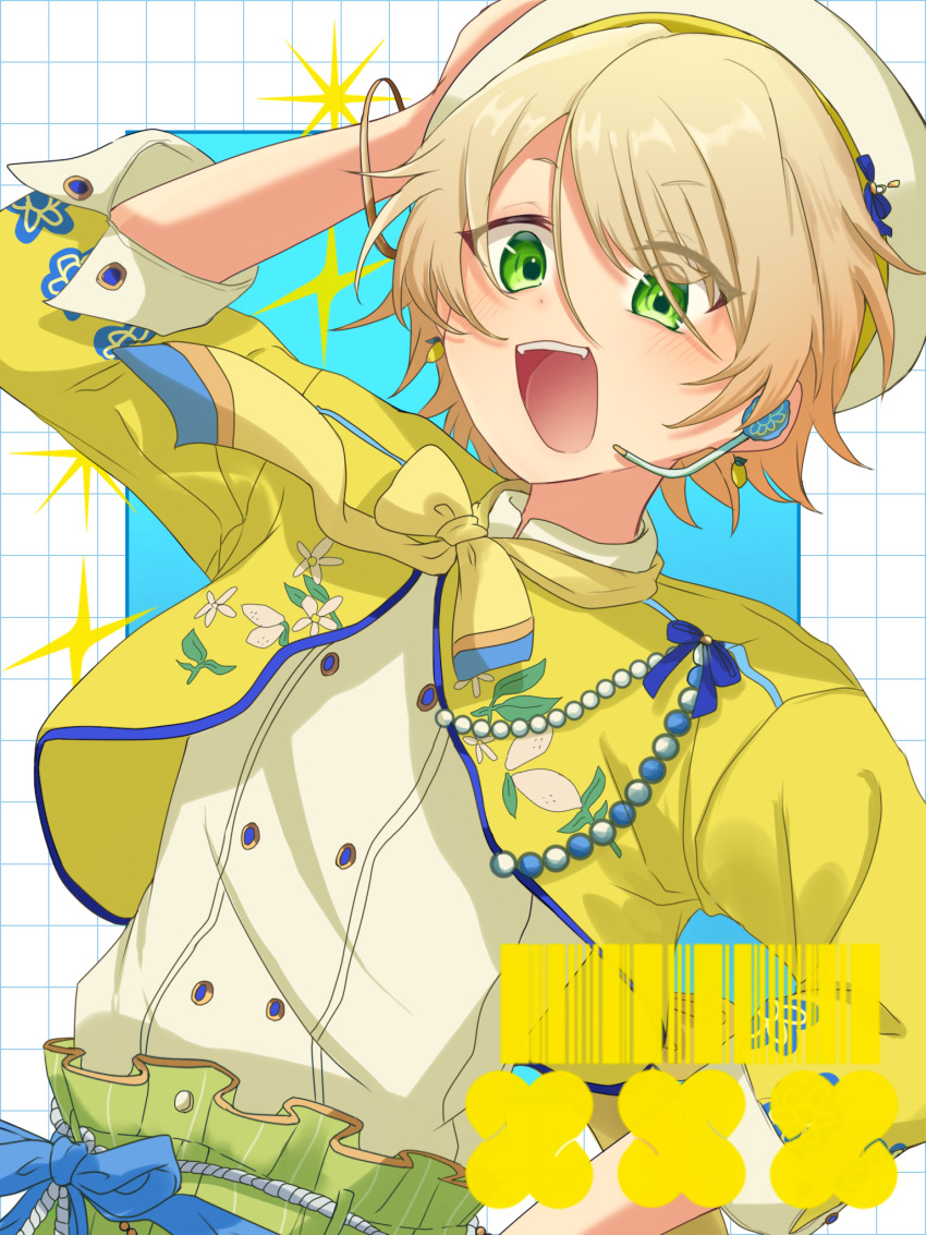 1boy, :d, beret, bishounen, blonde_hair, bow, bowtie, chestnut_mouth, cropped_jacket, dress_shirt, ensemble_stars!, green_eyes, green_pants, grid_background, hair_between_eyes, hand_on_own_head, hand_on_own_hip, hat, headset, high-low_shirt, high-waist_pants, highres, koniro0202, male_focus, official_alternate_costume, open_mouth, pants, pleated_pants, shiratori_aira_(ensemble_stars!), shiratori_aira_(ensemble_stars!)_(sparkle), shirt, shirt_tucked_in, short_eyebrows, short_hair, side_part, three-quarter_sleeves, smile, solo, upper_body, white_hat, white_shirt, yellow_bow