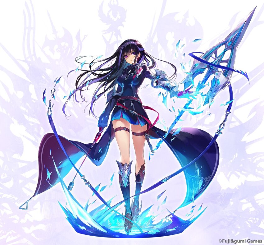 1girl, belt, blue_hair, closed_mouth, forcas, full_body, holding, holding_polearm