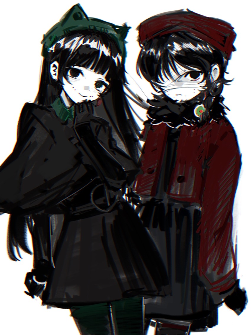 2girls, absurdres, bandage_over_one_eye, belt, black_belt, black_capelet, black_dress, black_gloves, black_hair, black_shirt, black_skirt, blunt_bangs, capelet, chinese_commentary, chromatic_aberration, closed_mouth, commentary_request, dress, facial_mark, flat_chest, gloves, green_eyes, green_pantyhose, hand_on_own_chin, hat, heterochromia, highres, jacket, long_hair, long_sleeves, multiple_girls, naihe_(female)_(touqi_guaitan), open_clothes, open_jacket, pantyhose, red_hat, red_jacket, shirt, short_hair, siblings, simple_background, sisters, skirt, smile, touqi_guaitan, twins, white_background, wu_song_(female)_(touqi_guaitan), ziwen