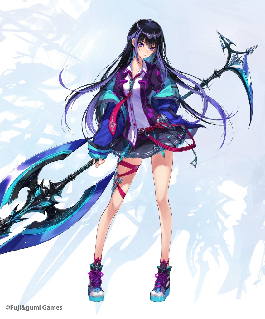 1girl, absurdres, belt, blue_hair, boots, closed_mouth, forcas, full_body