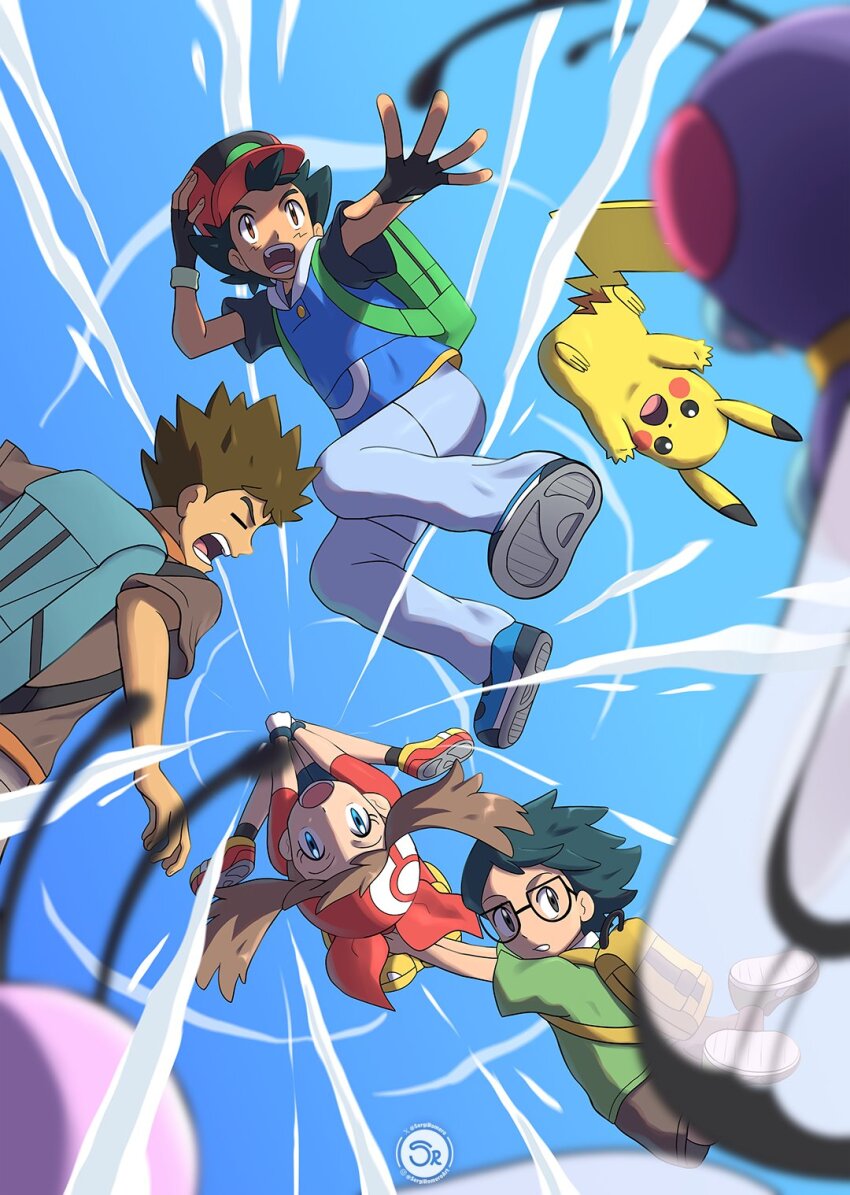 1girl, 3boys, antennae, ash_ketchum, backpack, bag, black_hair, blue_hair