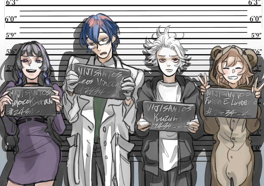 averting_eyes, black_hoodie, black_pants, blue_hair, blush, braid, brown_hair, character_name