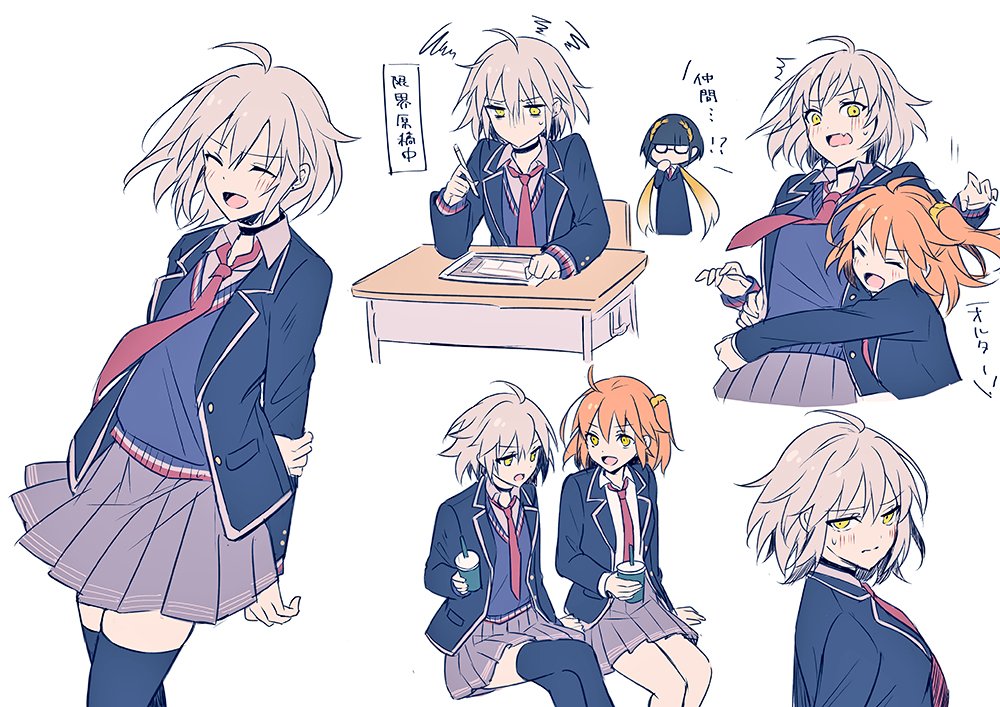 3girls, ahoge, arms_behind_back, black_choker, black_hair, black_thighhighs, blonde_hair, blue_jacket